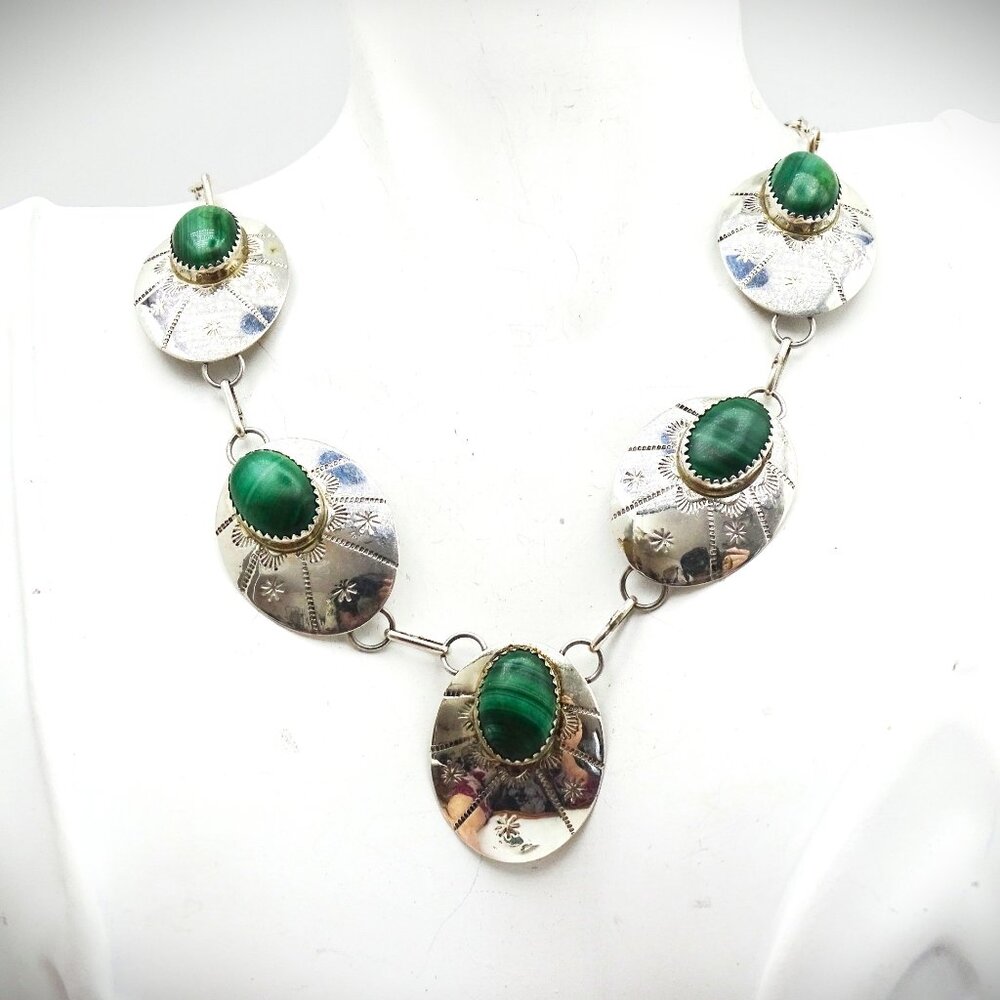 VINTAGE Etched Sterling Silver & Genuine Malachite Necklace & Earrings Set - Picture 2 of 9